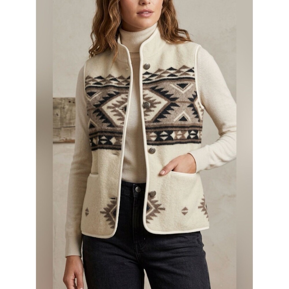 Orvis Cream & Brown Southwestern Aztec Patterned Fleece Vest Size Small